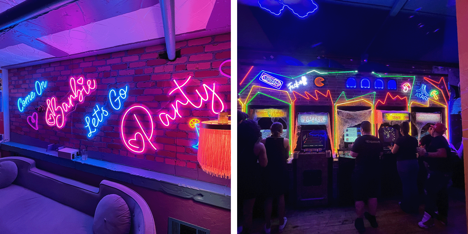 barbie sign and neon lights over games